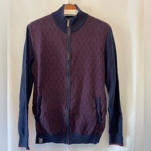 Fellows United Men's Blokecore Burgundy Patterned Full Zip Knit Cardigan Slim LG
